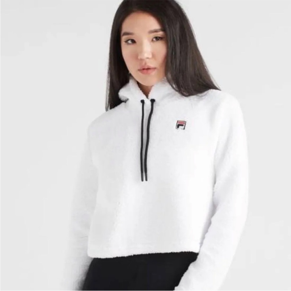 FILA Sherpa Fleece Crop Hoodie Jacket Off White L Athletic Oversized Stretch
